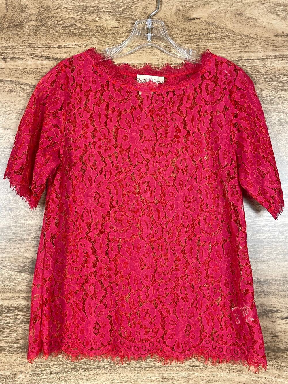 Vanessa Virginia Red Lace Top Small S Short Sleeve Eyelash Trim Blouse